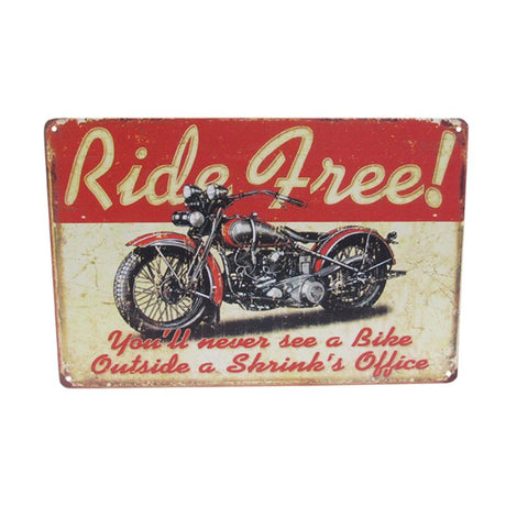Vibrant retro tin sign 'Ride Free' (30cm) celebrating adventure and wanderlust, perfect for motorcycle lovers and decor enthusiasts.