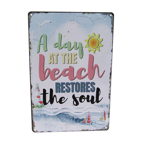 Retro Beach Soul art tin sign, 30cm, capturing coastal vibes for vibrant home decor.