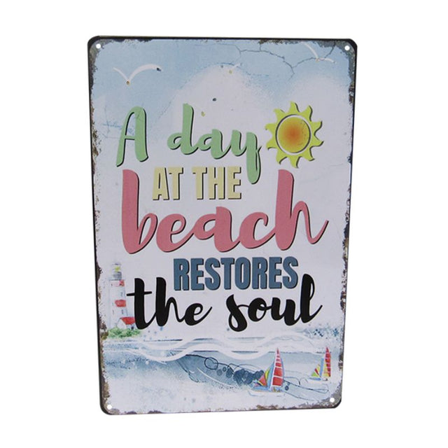 Retro Beach Soul art tin sign, 30cm, capturing coastal vibes for vibrant home decor.