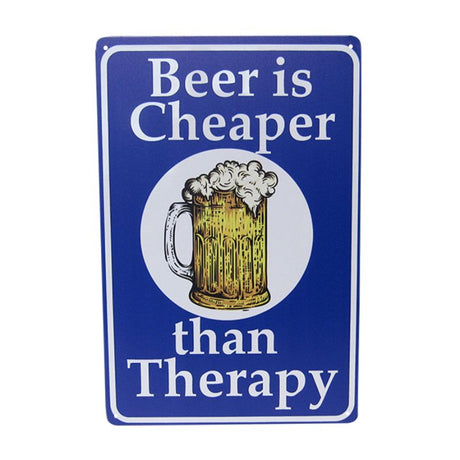 Retro 30cm Beer Therapy tin sign featuring quirky graphics, perfect for beer lovers' home decor.