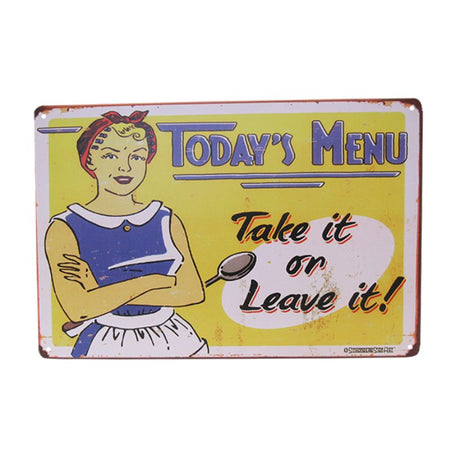 Retro 30cm tin art sign reading 'Menu Today' for quirky kitchen or dining room decor.