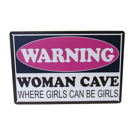 Retro tin art sign featuring 'Woman Cave' in vibrant colors, ideal for wall decor and celebrating female independence.