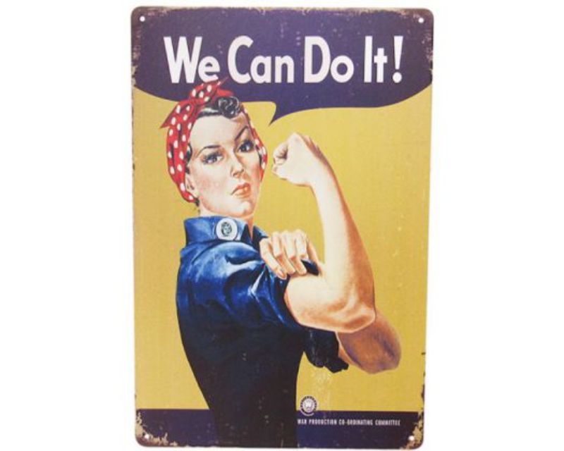 Vibrant retro tin sign featuring 'We Can Do It!' design, perfect for empowering decor in any space.