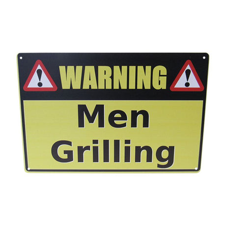Retro tin art sign (30cm) with quirky grill warning; durable decor for kitchens and outdoor grilling areas.