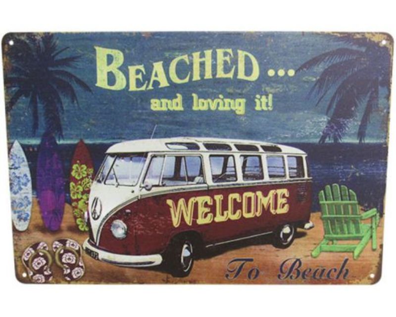 Retro tin art sign featuring vibrant coastal design, perfect for adding charm to any beach-themed decor.