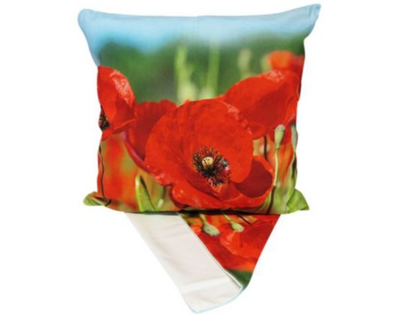 Vibrant cushion cover featuring red poppies in a sunlit field, measuring 44cm x 44cm, perfect for enhancing home decor.