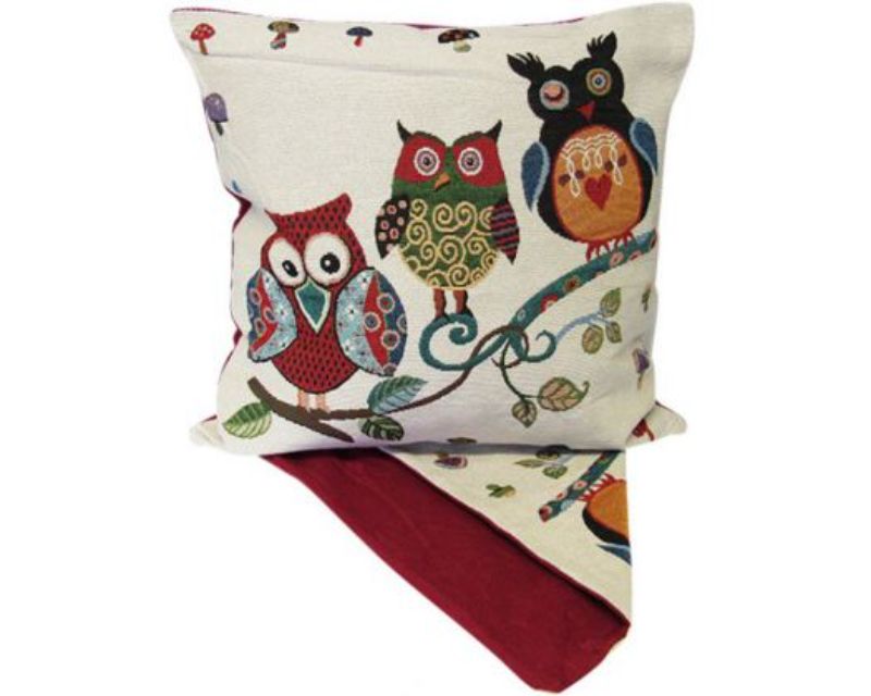 Whimsical 'Three Owls' cushion cover, 44cm x 44cm, featuring vibrant owl designs for stylish home decor.