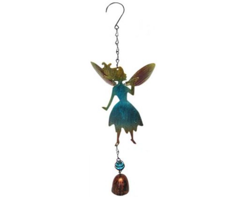Whimsical blue glass fairy wind chime with bell, 38 cm long and 18.5 cm wingspan, perfect for enchanting gardens.
