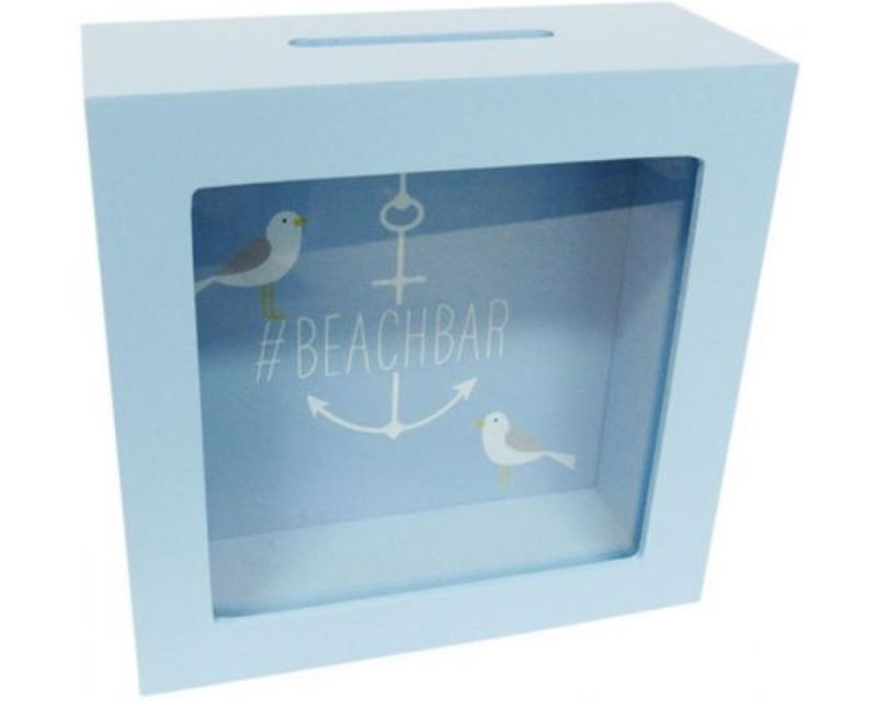 Charming beach-themed money box for saving towards vacations, 15 x 15 x 6 cm, perfect gift for beach lovers.