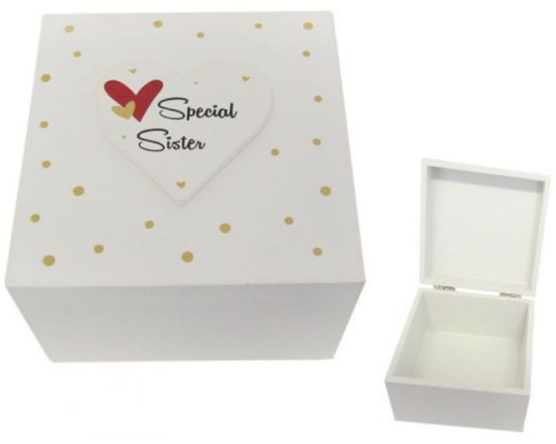Large wooden gift box for sister, featuring a heart motif, perfect for storing cherished memories and treasures.