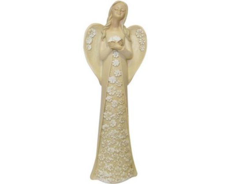 Elegant angel ornament in a floral dress, 20 cm tall, adding charm and serenity to any decor.