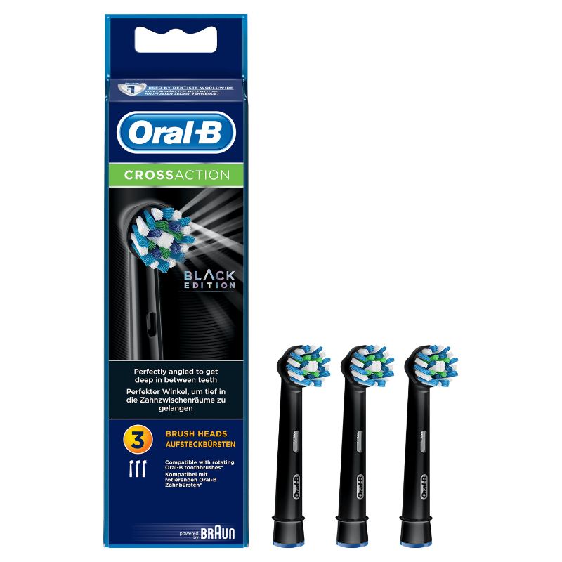 Oral-B CROSS ACTION black replacement toothbrush heads, featuring angled bristles for deep cleaning and plaque removal.