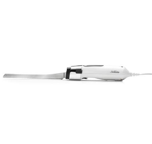 Carveasy Twin Blade Electric Knife by SUNBEAM, featuring dual serrated blades for effortless slicing of meats and delicate foods.
