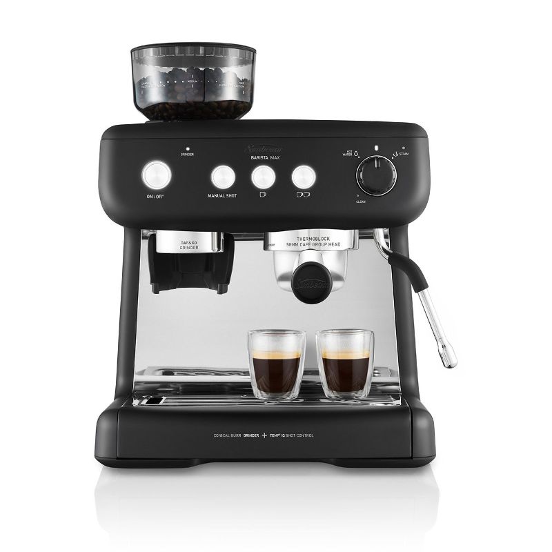 Sunbeam Barista Max Coffee Machine in black, featuring an integrated grinder, 15-bar pump, and sleek stainless steel design.