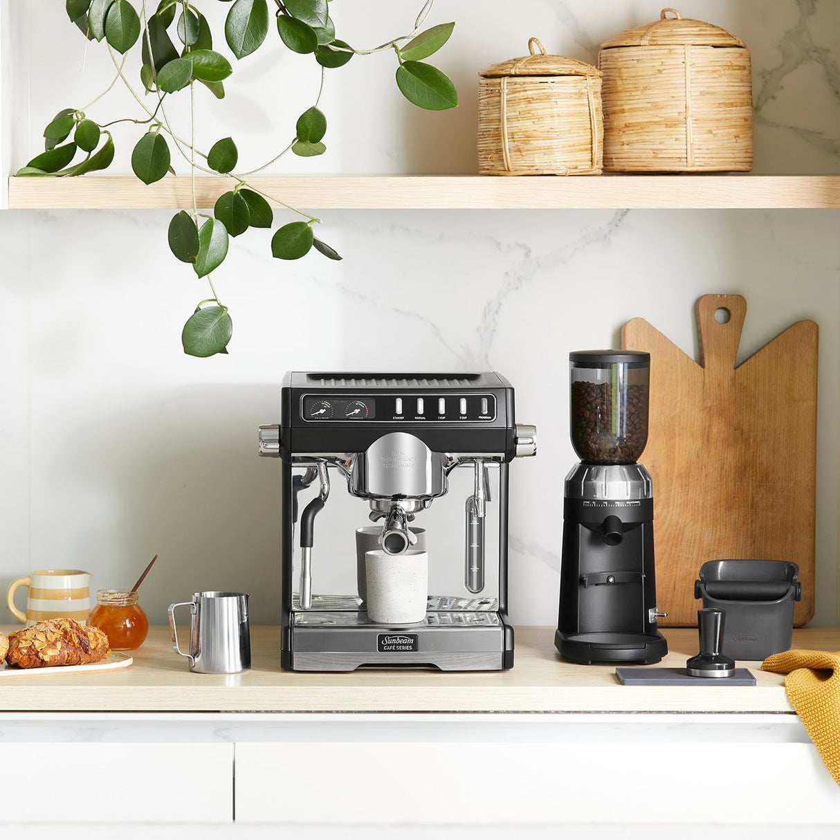 Sunbeam Café Series Conical Burr Coffee Grinder EMM0500BK with 24 grind settings, stainless steel burrs, and 250g hopper.