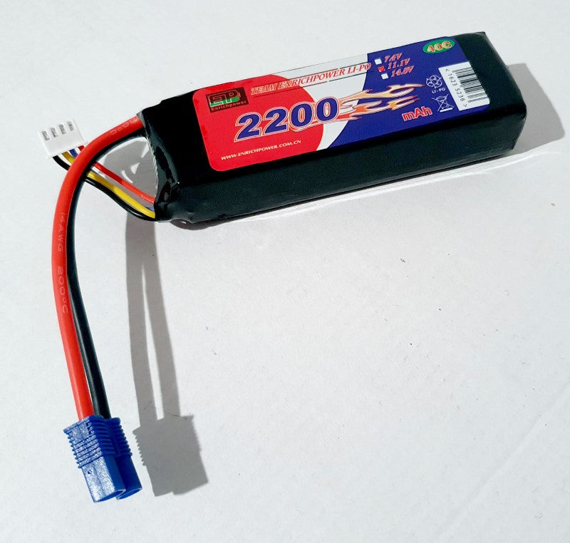 Li-Po 14.8V 2200mAh 40C EC3 battery for RC cars, drones, and aircraft, offering high performance and extended run times.