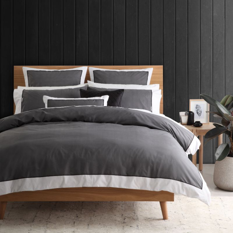 Double Duvet Cover Set in Essex Charcoal with herringbone pattern and contrast border for a stylish bedroom retreat.