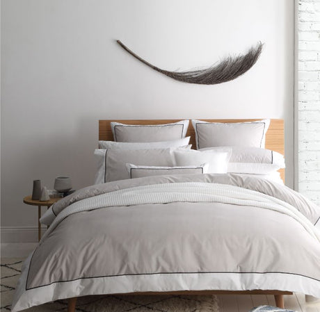 Queen Duvet Cover Set in Essex Stone featuring herringbone pattern, black piping, and comfort for modern bedrooms.