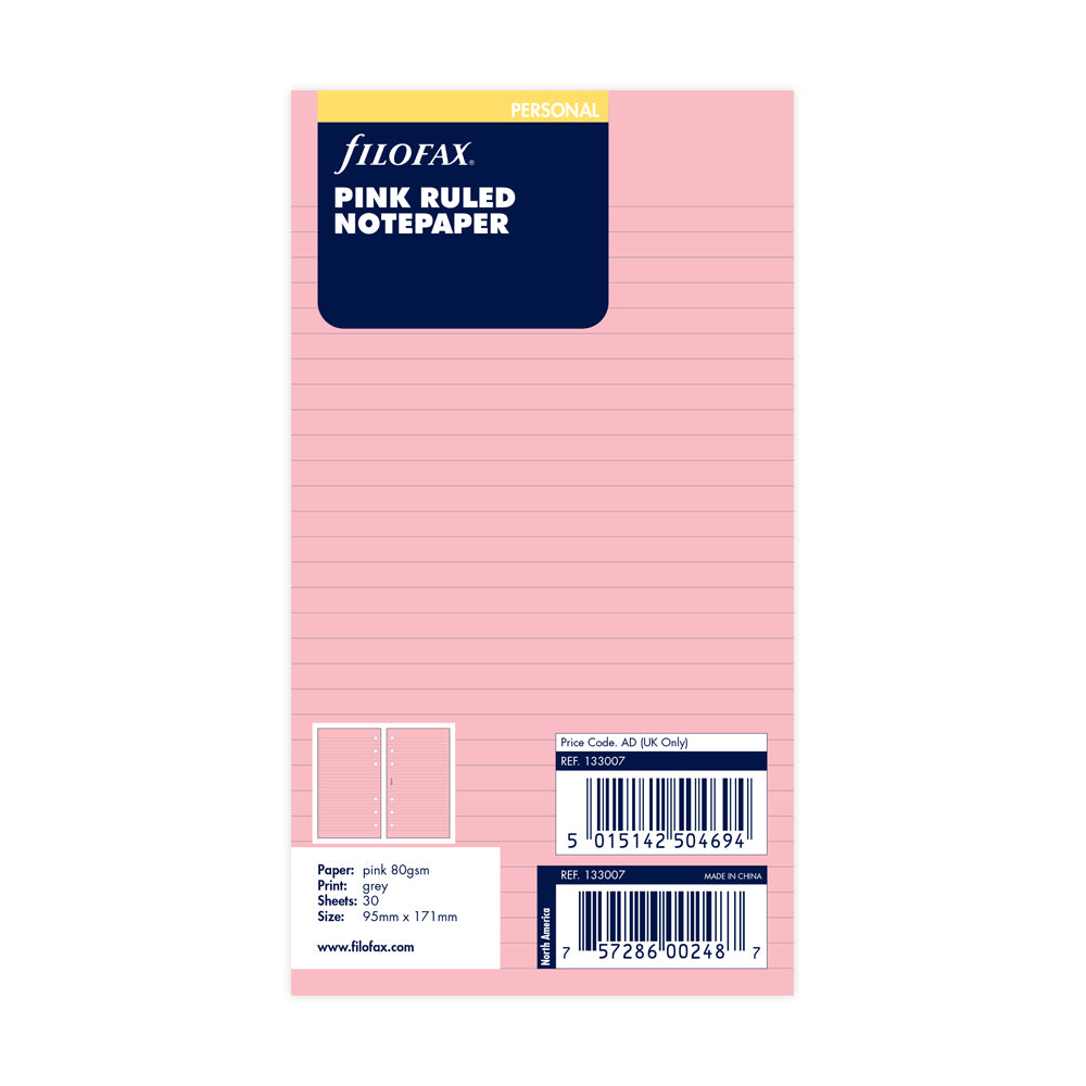 Filofax Organiser Refill Personal Notepaper Ruled Pink