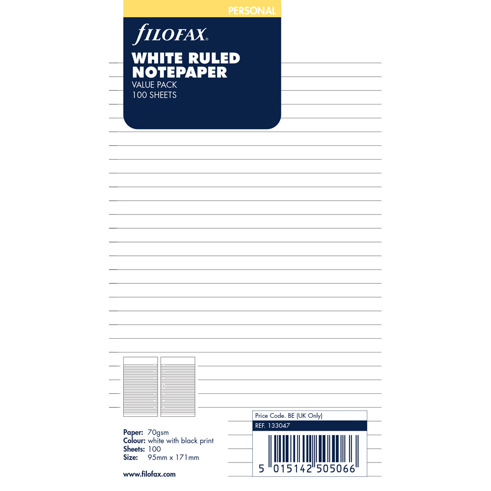 Filofax Organiser Refill Personal Notepaper Value Pack Ruled White