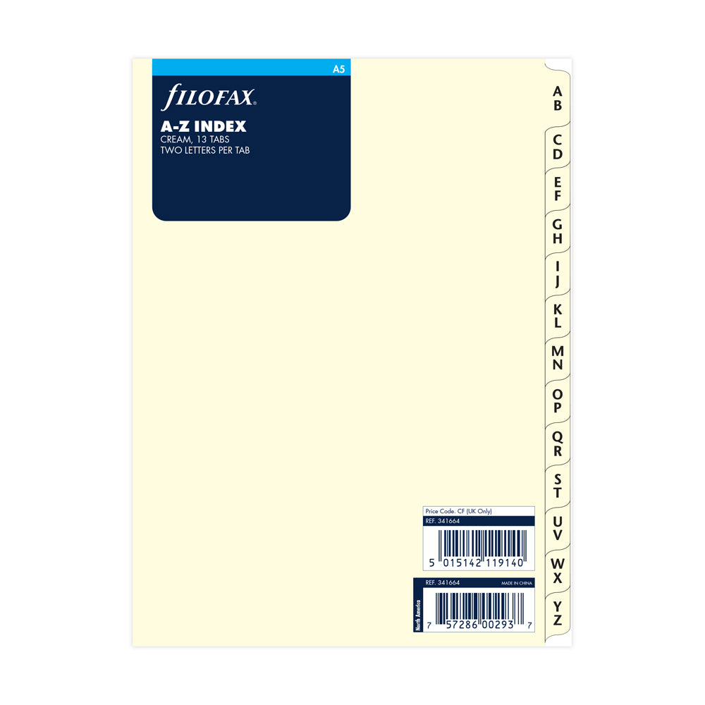 Filofax Organiser Refill A5 Index A-Z (2) Letters/Tab Cotton Cream