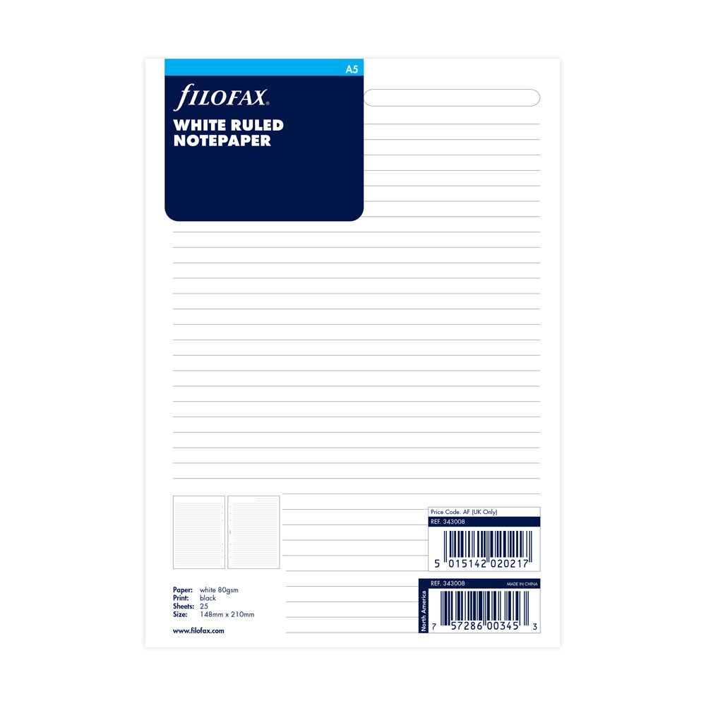 Filofax Organiser Refill A5 Notepaper Ruled White