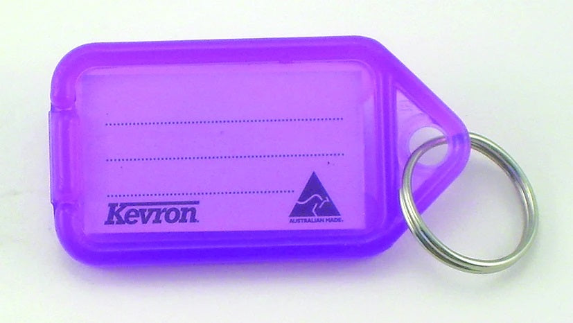 Lilac key tag holder with label, durable materials, stainless steel ring, ideal for organizing keys and belongings.