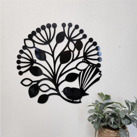 Stunning large black wall art featuring a fantail bird and Pohutukawa flowers, crafted from durable Aluminium Composite Material.