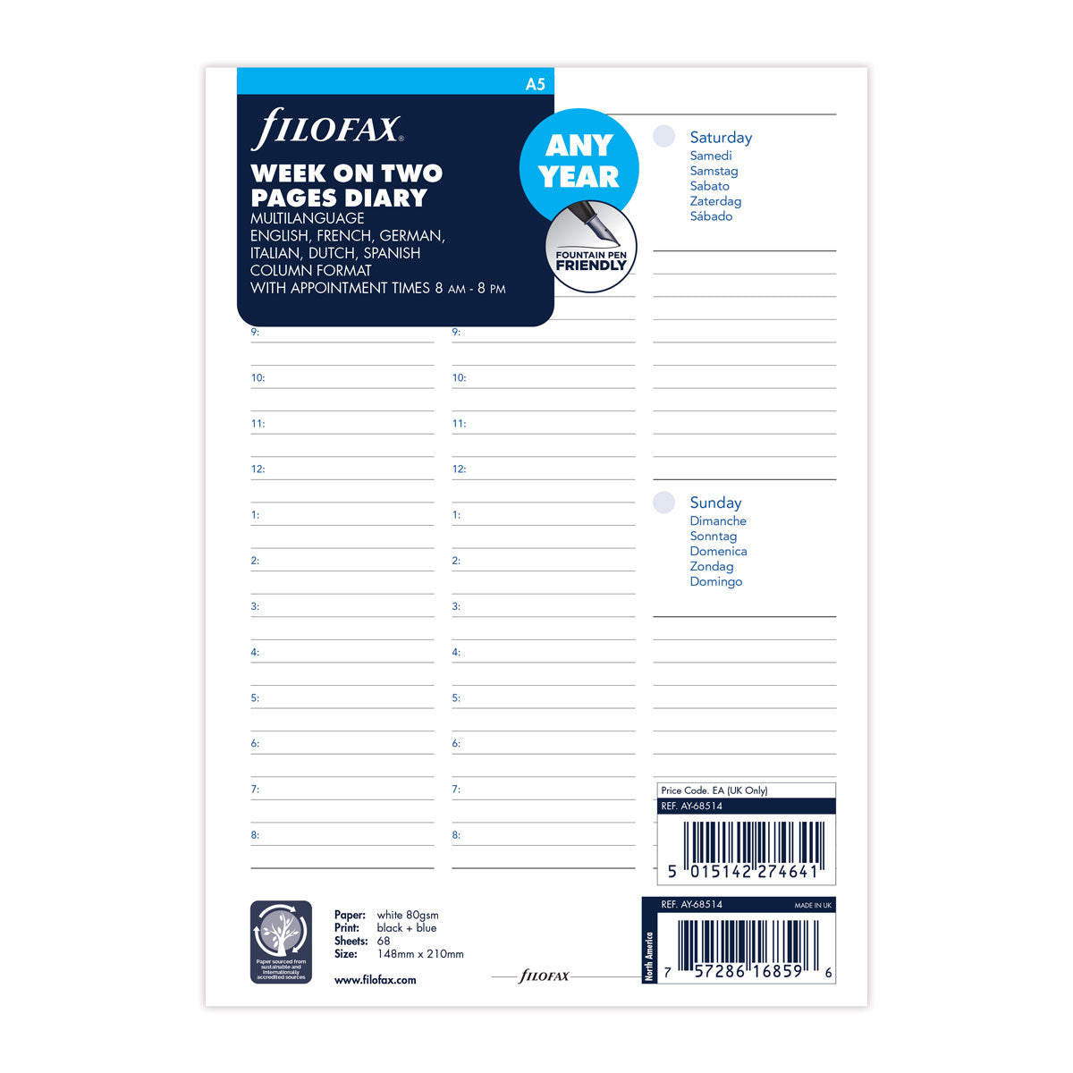 Filofax Organiser Refill A5 Week To View Any Year