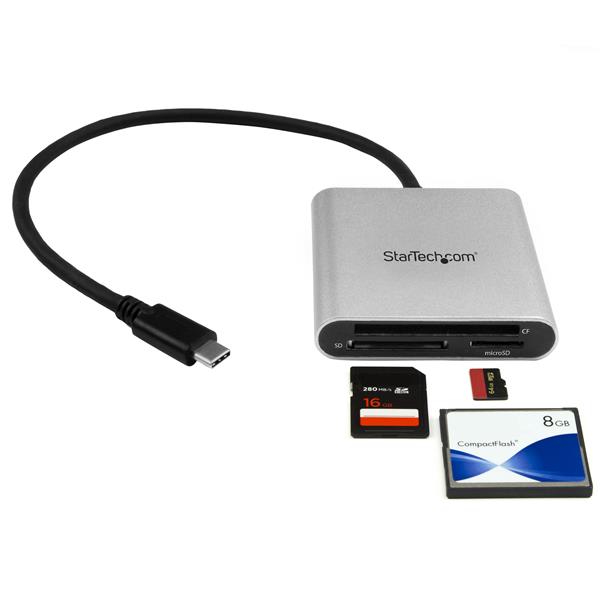 USB 3.0 Multi-Card Reader/Writer with USB-C for fast data transfer of SD, microSD, and CompactFlash cards.