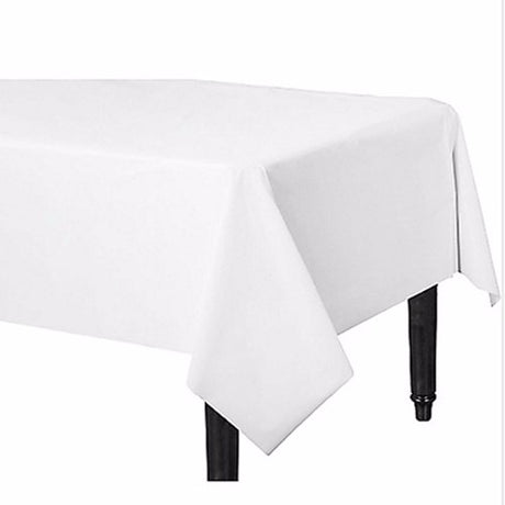 Rectangle frosty white plastic table cover, 137cm x 274cm, ideal for elegant event décor and easy cleanup.