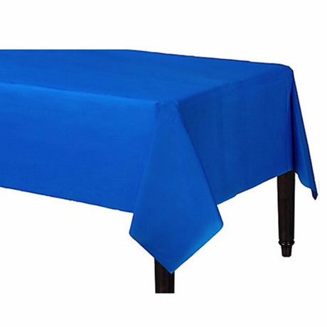 Bright royal blue rectangular plastic tablecover, 137cm x 274cm, ideal for elegant event decor and easy cleanup.