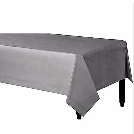 Silver plastic rectangle table cover, 137cm x 274cm, elegant design for parties and events, easy to clean and disposable.
