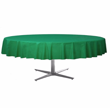 Round festive green plastic tablecover, 213cm, perfect for parties and outdoor events, durable and easy to clean.