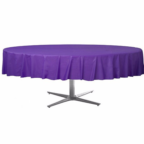 Round purple plastic table cover, 213cm, perfect for events, durable and stylish, disposable for easy cleanup.