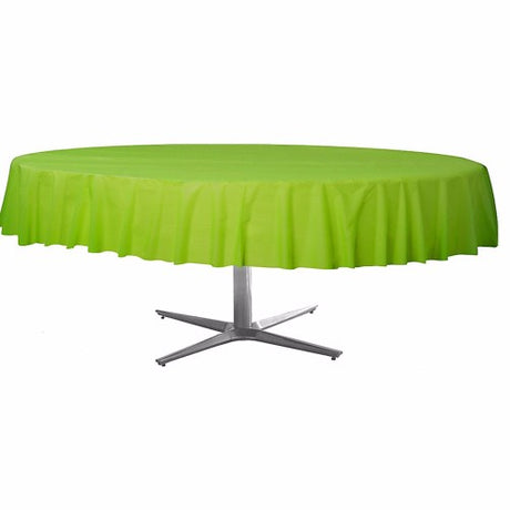 Round kiwi lime green plastic tablecover, 213cm, perfect for vibrant party decor.