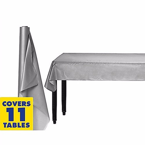 Silver plastic table cover roll, 1.22m x 30.48m, ideal for 12 banquet tables, durable and elegant for any event.