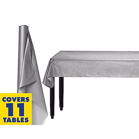 Silver plastic table cover roll, 1.22m x 30.48m, ideal for 12 banquet tables, durable and elegant for any event.