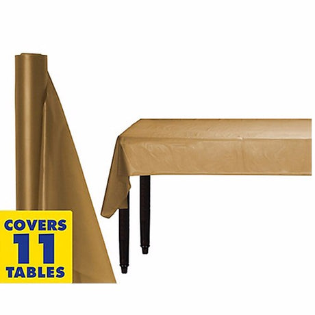 Gold plastic tablecover roll, 1.22m x 30.48m, perfect for 12 banquet tables, adds elegance and protection for events.