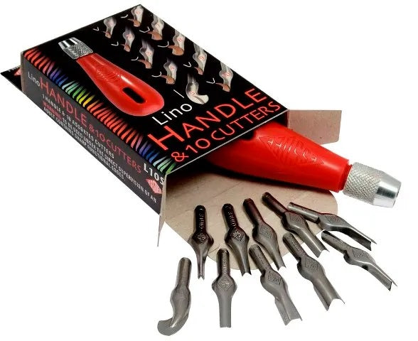 Premium Lino Cutters and Handle Set with 10 high carbon steel precision cutters for artists and DIY enthusiasts.
