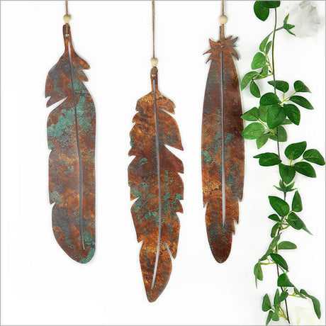 Stunning ACM Printed Feathers Set in Copper Patina, featuring three elegantly designed feathers for indoor and outdoor decor.