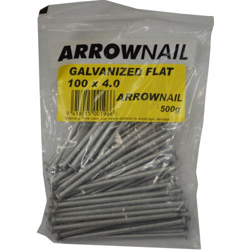Flat Head Galv Nails in 500gm pack, 100mm length, durable galvanized steel for construction and DIY projects.
