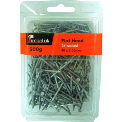 Flat Head Galv Nails 40mm x 2.0mm in 500gm pack, rust-resistant for durable indoor/outdoor use, ideal for various projects.