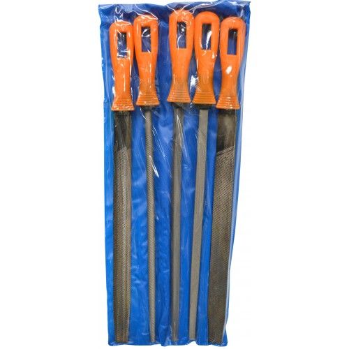 5-piece filing set with handles in a compact wallet, perfect for precision work on wood, plastic, and metal.