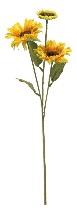 Vibrant yellow artificial sunflower stem with 3 heads, 57.5cm tall, perfect for home decor and events.