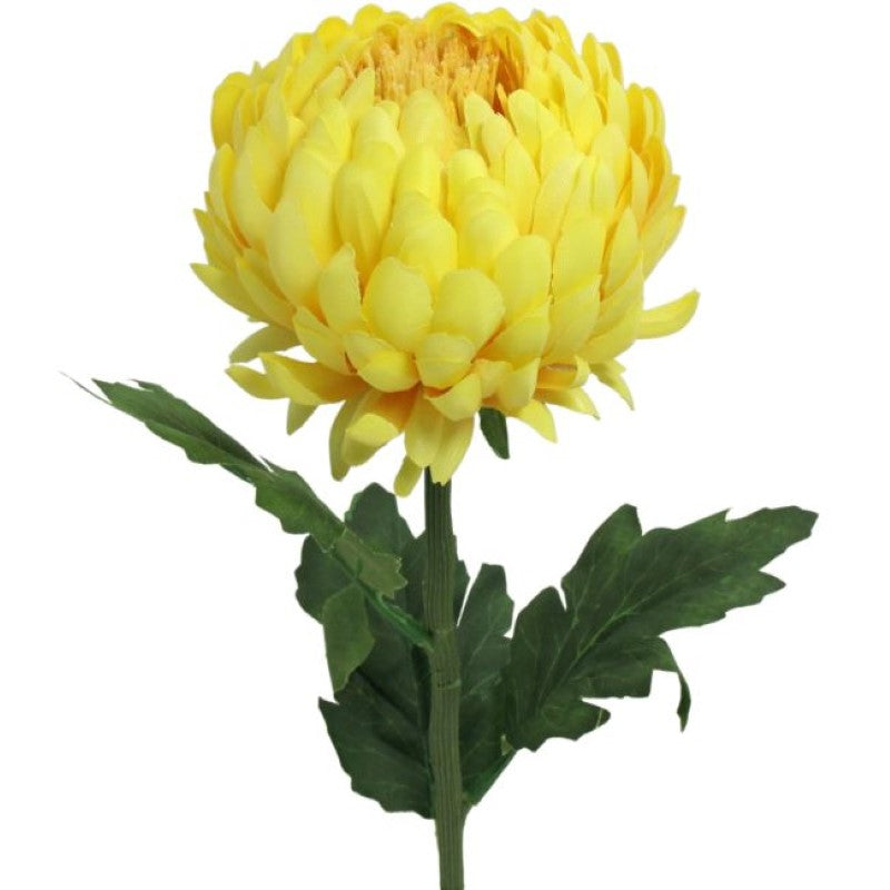 Vibrant yellow artificial chrysanthemum stem, 57cm tall, perfect for cheerful decor and gifting.
