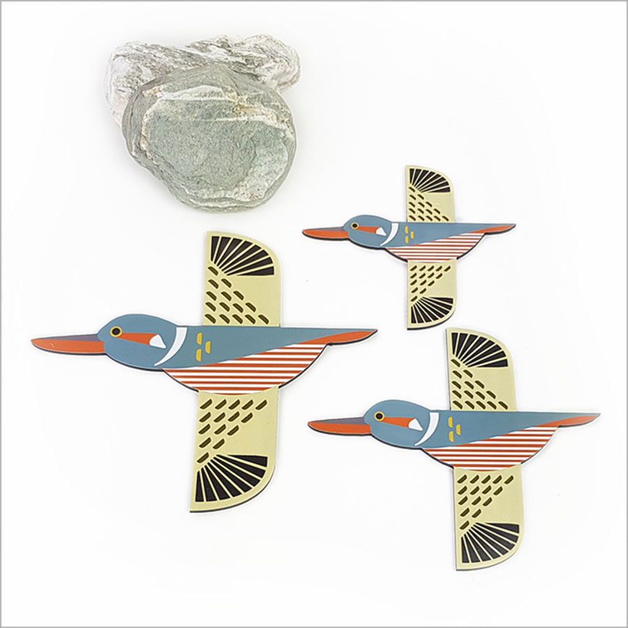 Set of 3 Folk Kingfisher wall art pieces on brushed silver, perfect for Kiwiana decor and versatile display options.