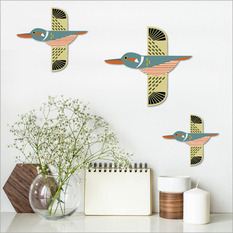 Set of 3 Folk Kingfisher wall art pieces on brushed silver ACM, vibrant Kiwiana decor for indoor or sheltered outdoor settings.