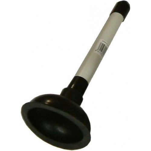 Compact rubber plunger for removing clogs from sinks, basins, and tubs with a secure handle for easy use.