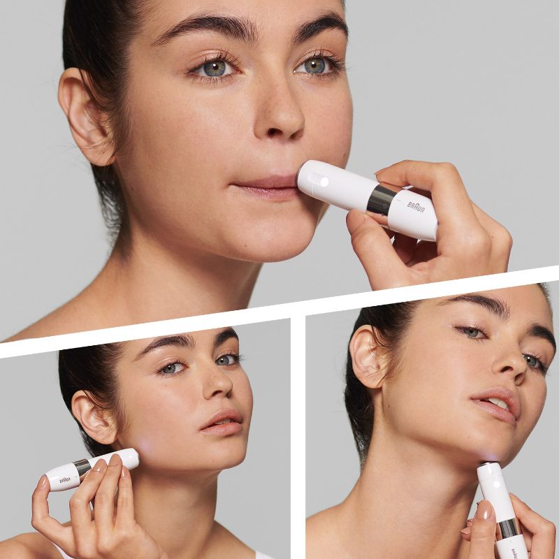 Braun FS1000 Face Mini Hair Remover in white, featuring Smartlight for precise, gentle facial hair removal on-the-go.